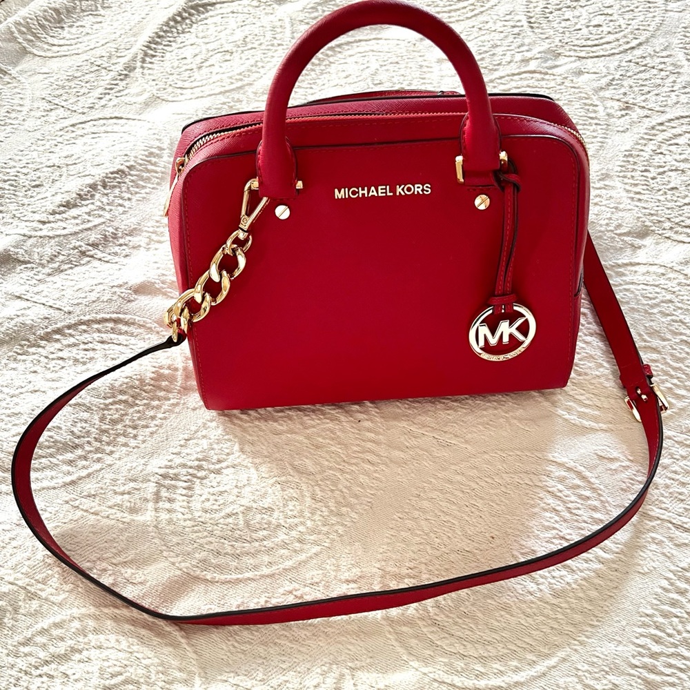 Micahel Kors Red Jest Set Travel Satchel Leather Bag